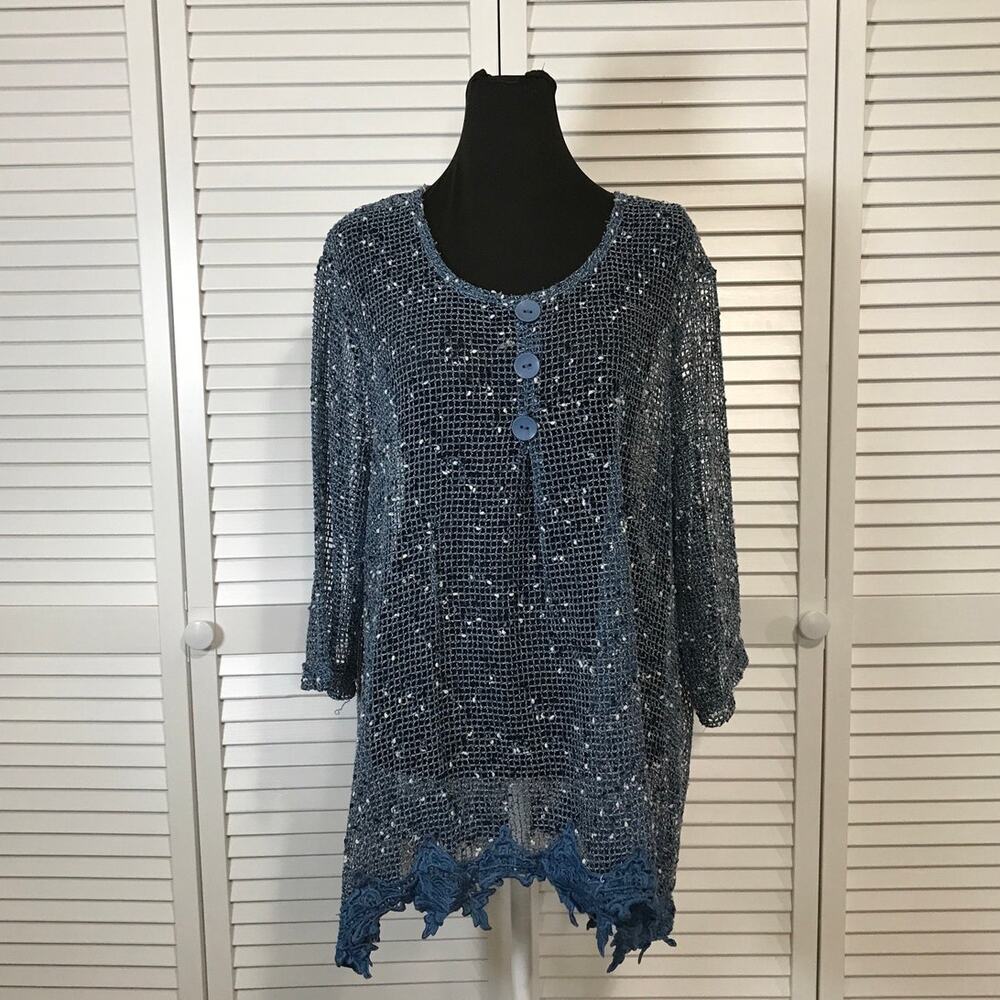 Blair Boho Navy Blue Fishnet Mesh Lace Hemline Oversized Tunic Blouse XL